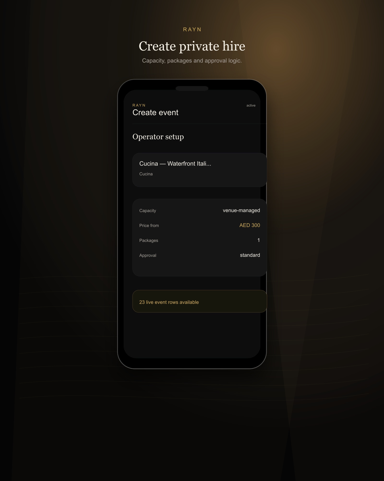 The RAYN operator setup for an event — capacity, packages, price and approval logic.