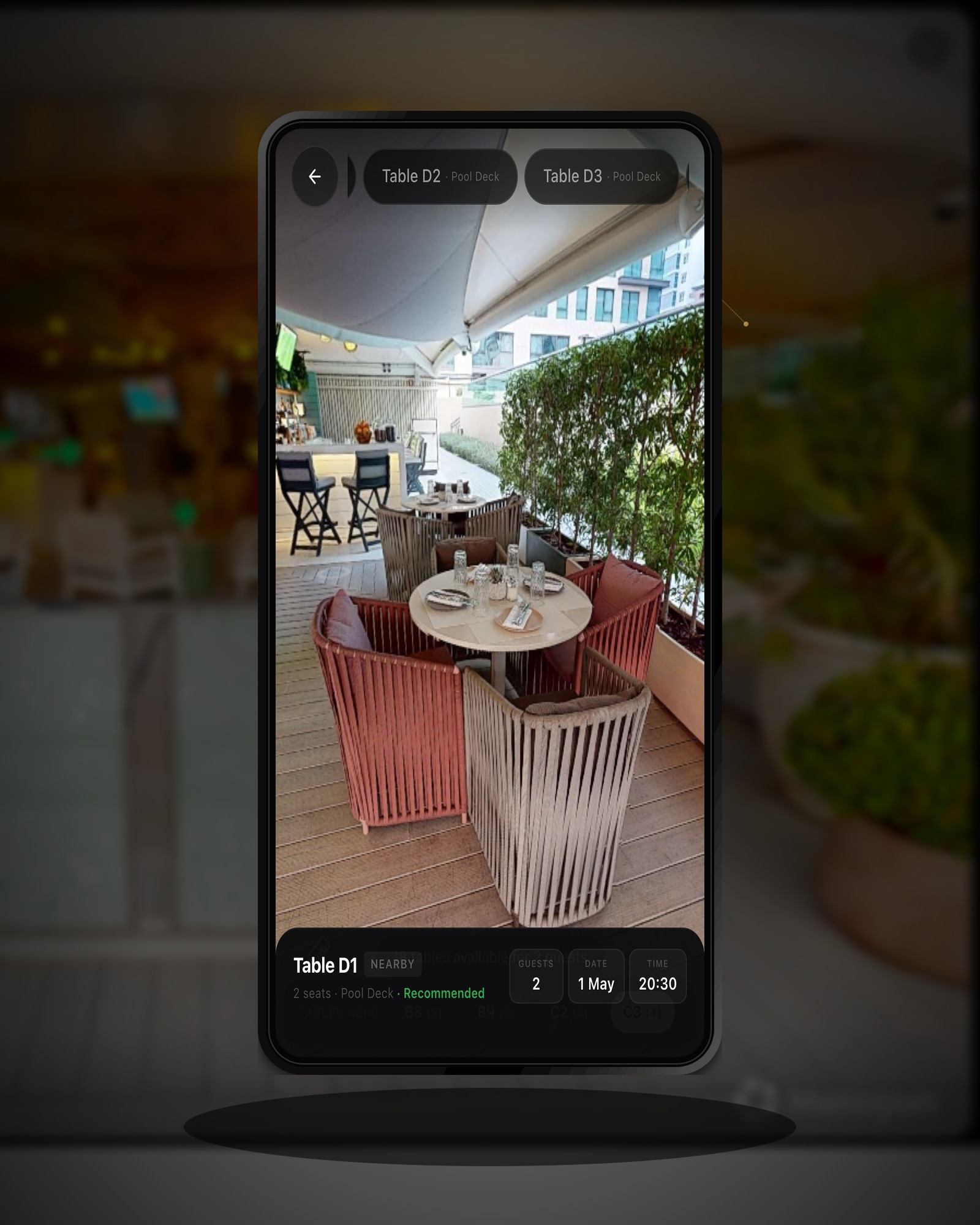 A guest selecting their preferred table from the 3D view, with seats and zone shown.