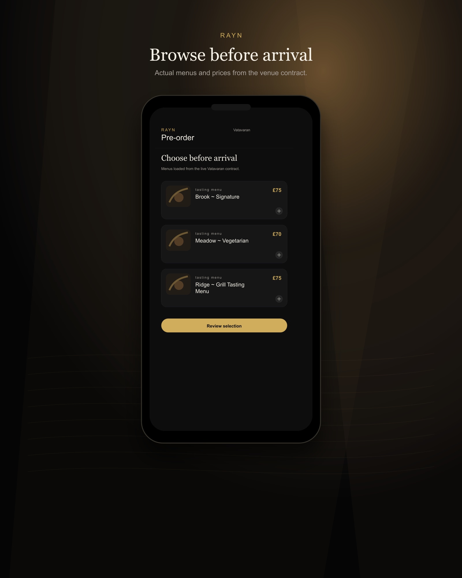 The RAYN pre-order menu, loaded from the venue’s own live contract with real prices.