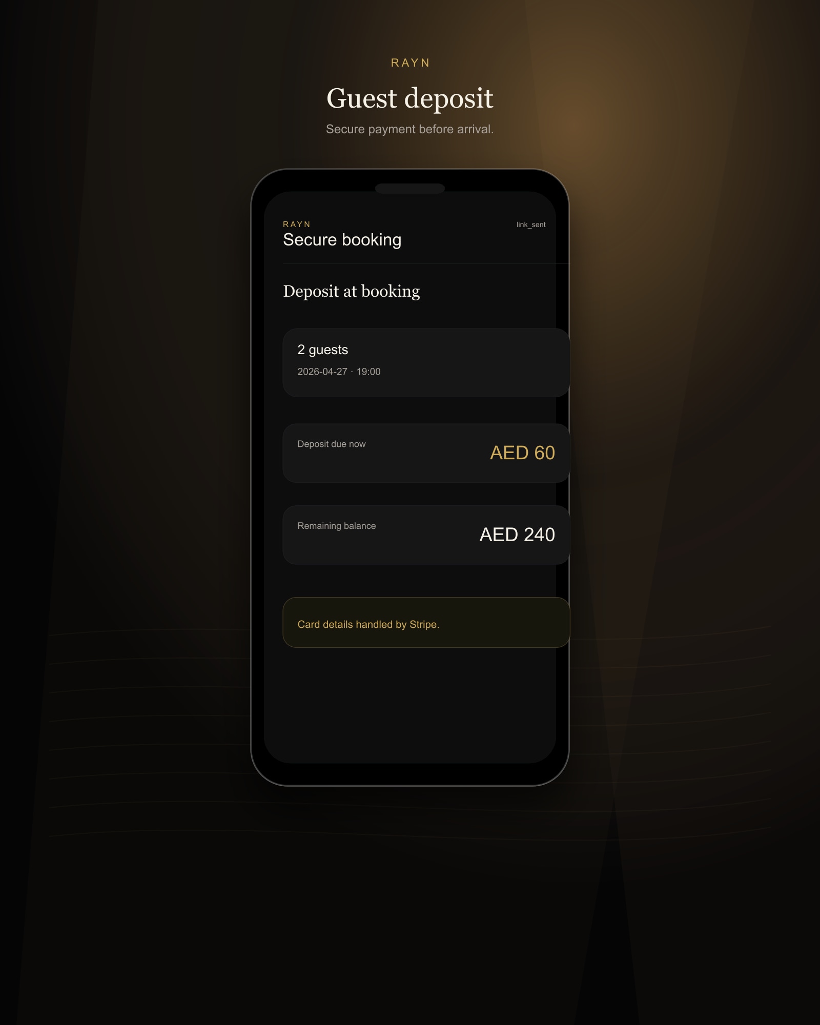 A guest committing a deposit inside the RAYN booking flow, on a phone.