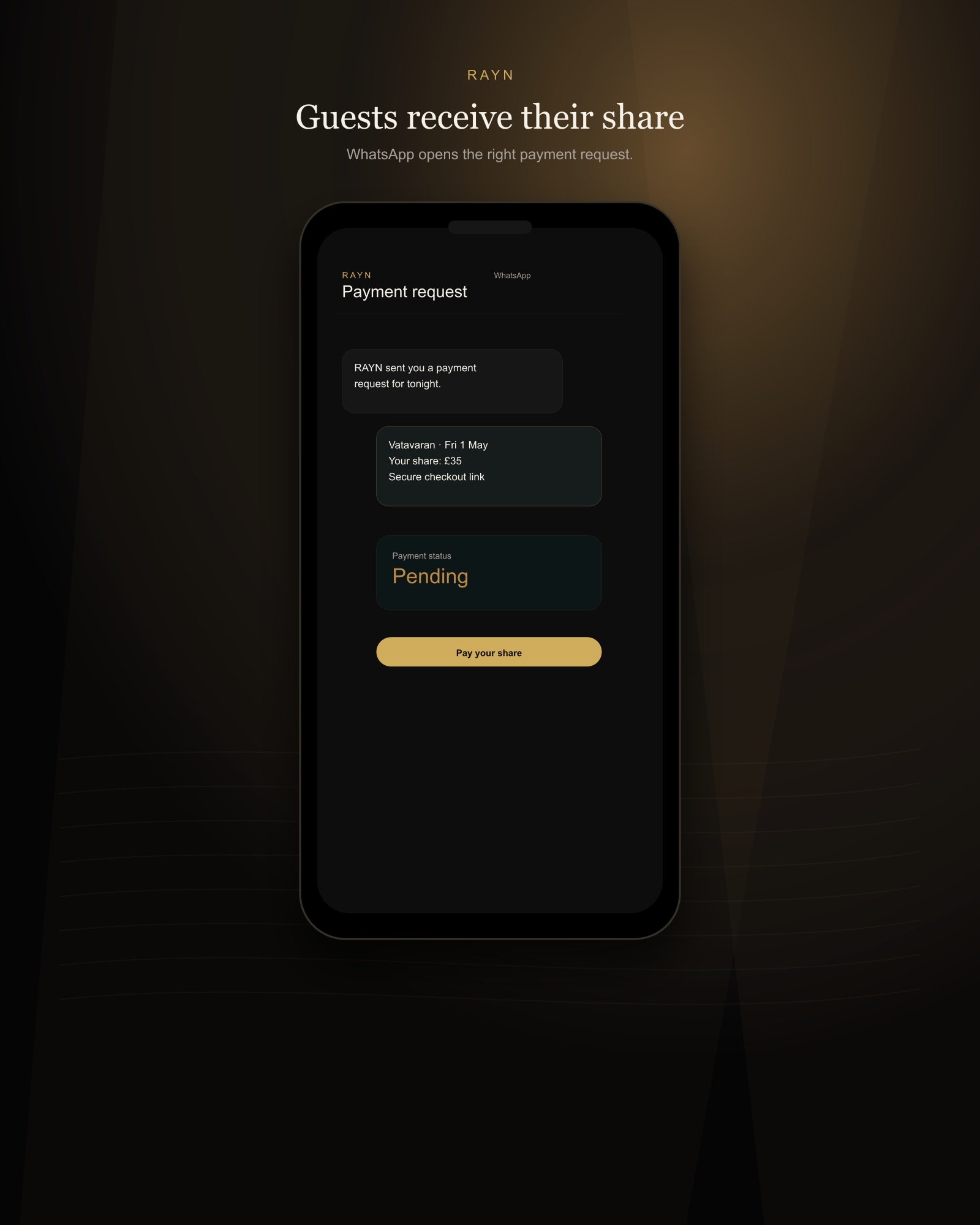 Guests receiving a link to settle their own share from their own phone.