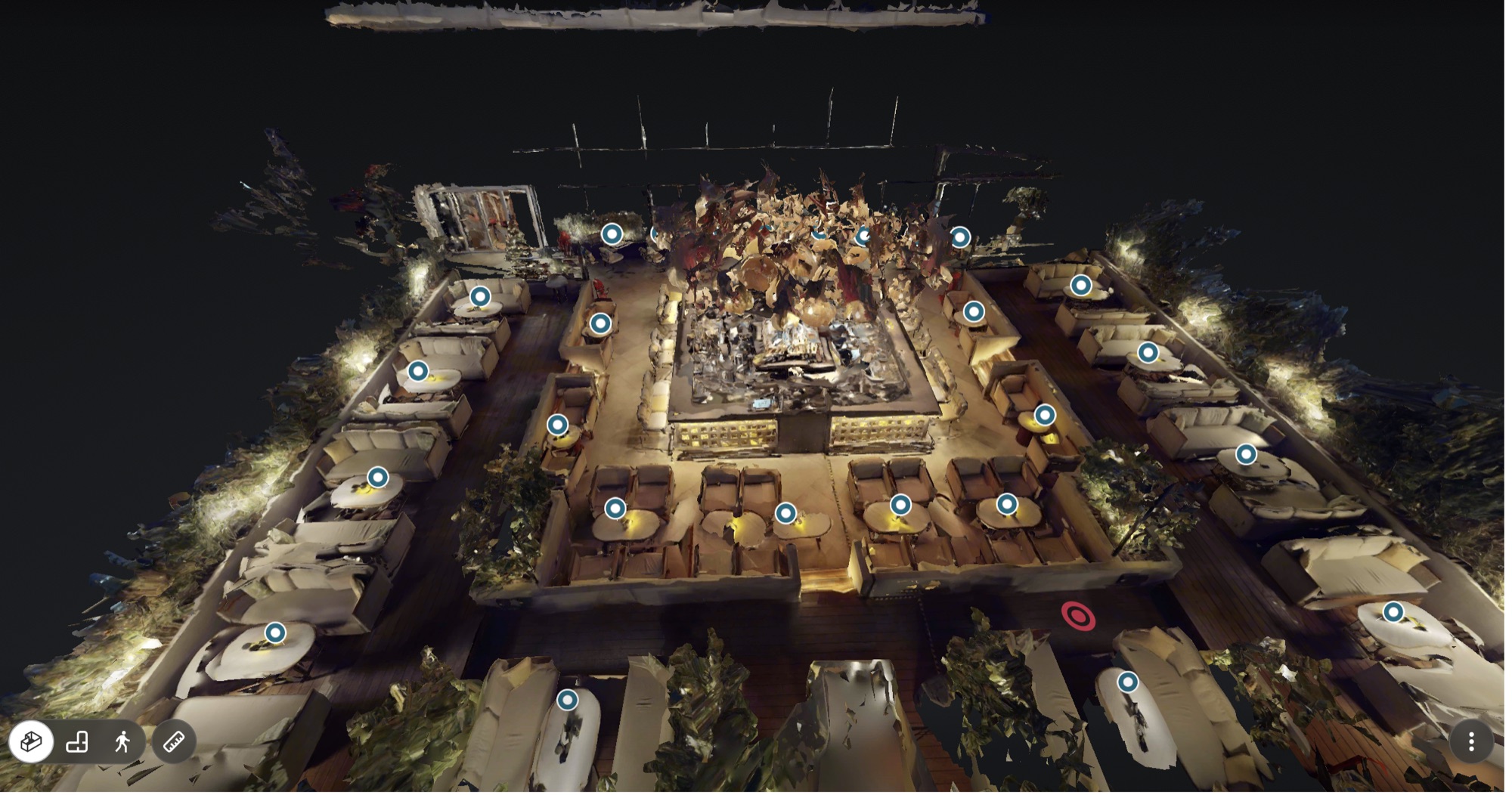A RAYN venue captured as a 3D scan — the full room in a dollhouse view, every table tagged