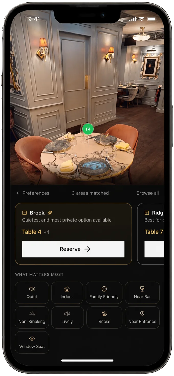 The RAYN Pick Your Spot phone experience — a guest looking at a private dining room with a table tagged, the best-matched area recommended, and the preferences that matter to them