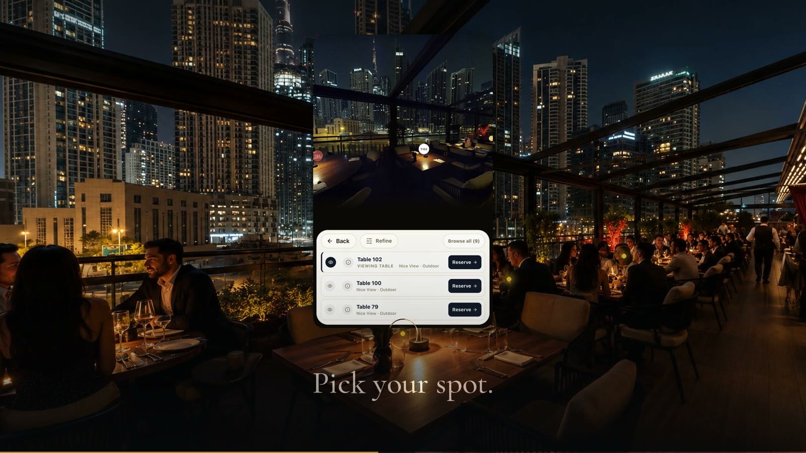 A guest choosing an exact table from the live venue list, the room behind it in 3D