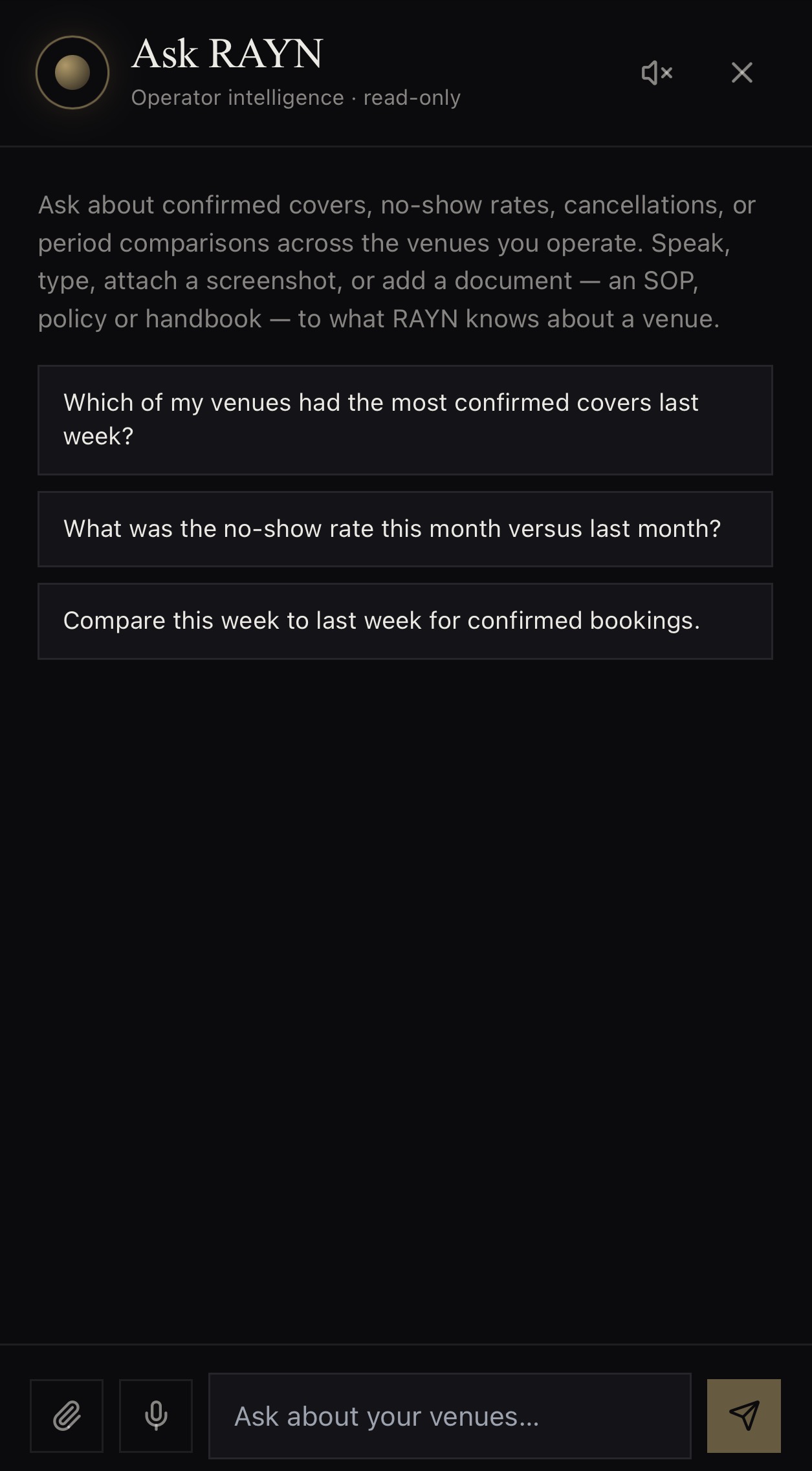 The Ask RAYN operator surface — asking about confirmed covers, no-show rates and period comparisons across the venues you operate.
