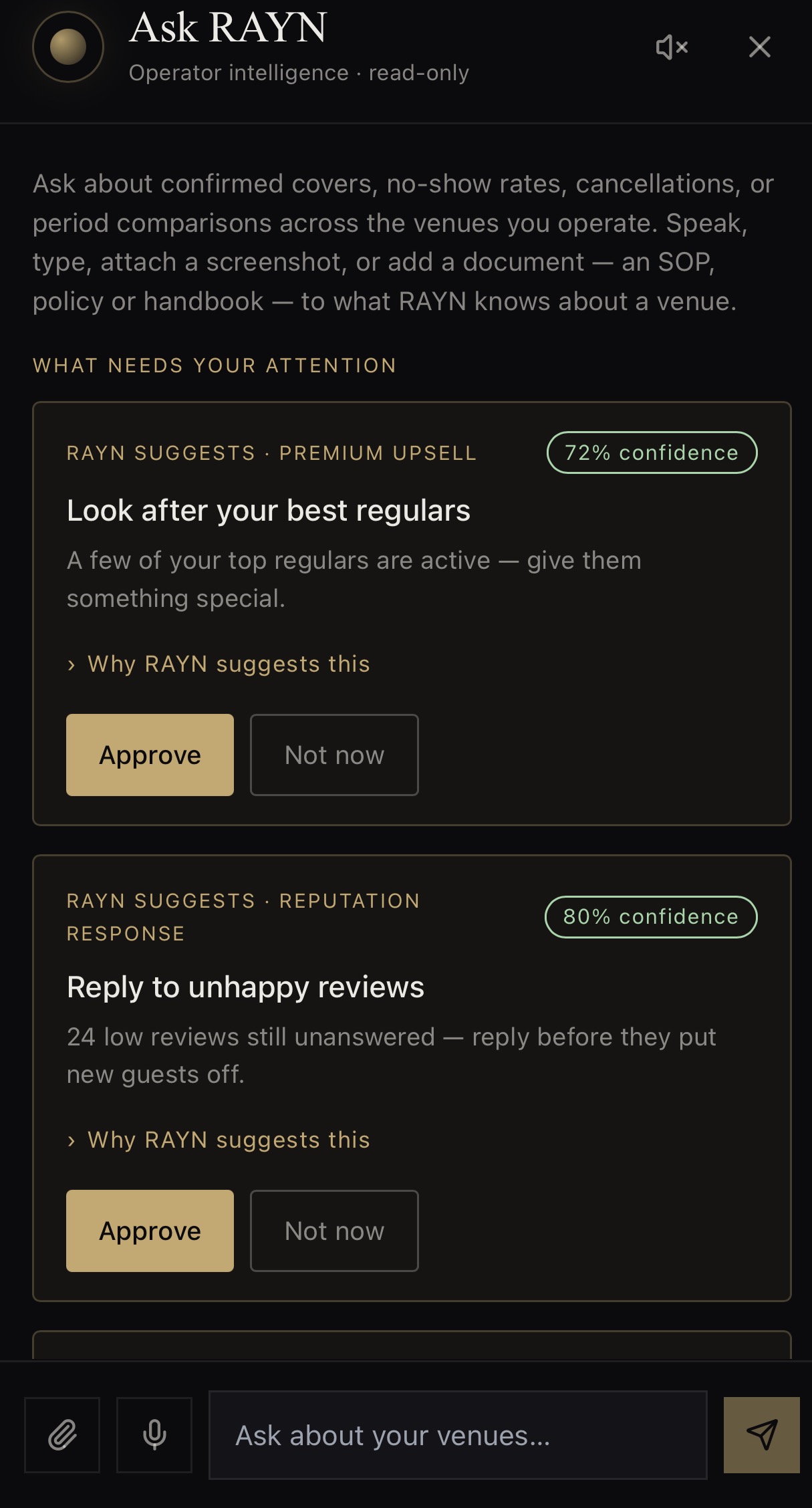 The RAYN recommendation surface — proposed moves for the week, each with the evidence, the money and a confidence level.
