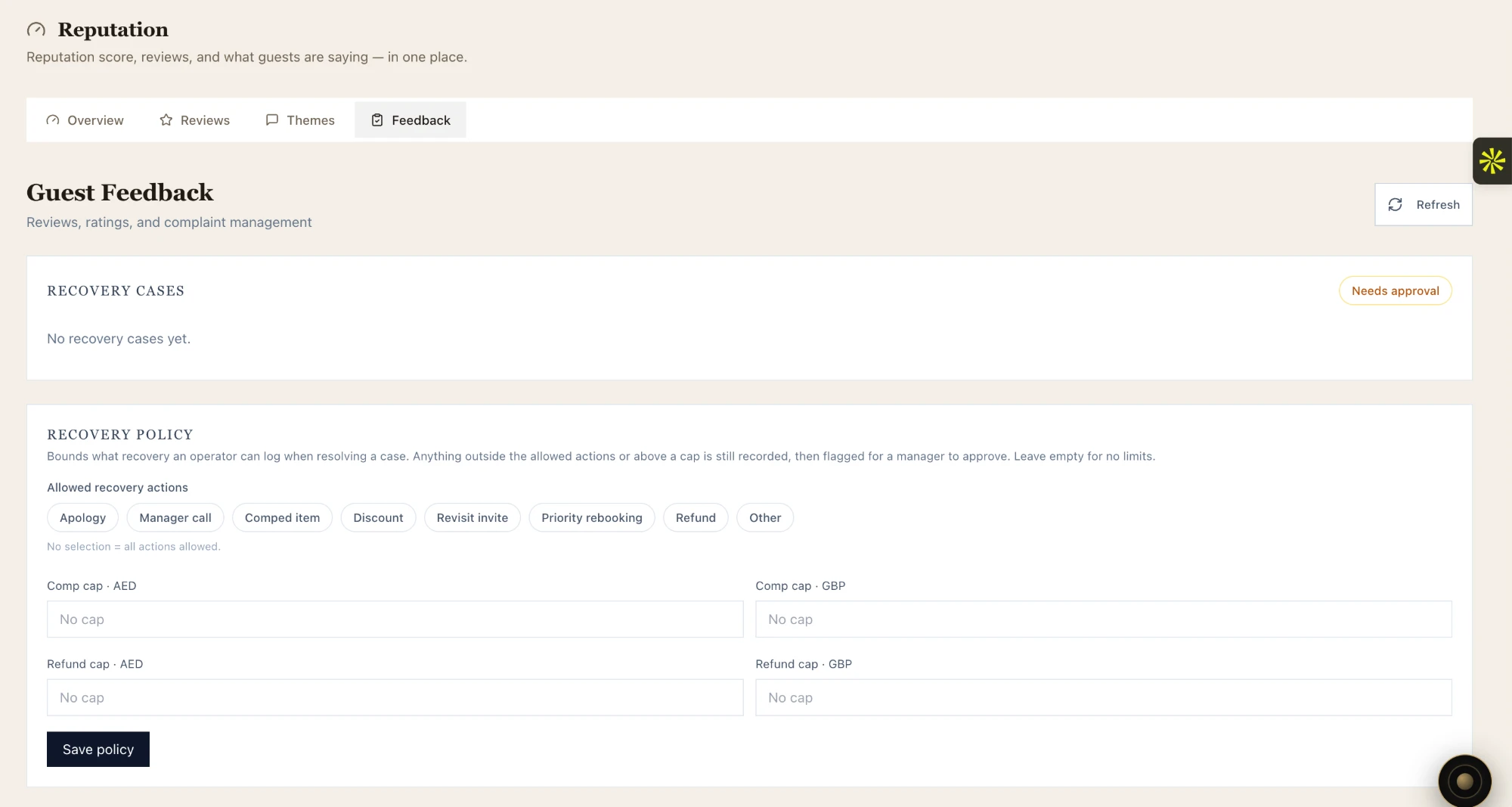 Guest recovery — open recovery cases and a recovery policy bounding the actions and comp/refund caps an operator can log before a manager must approve.