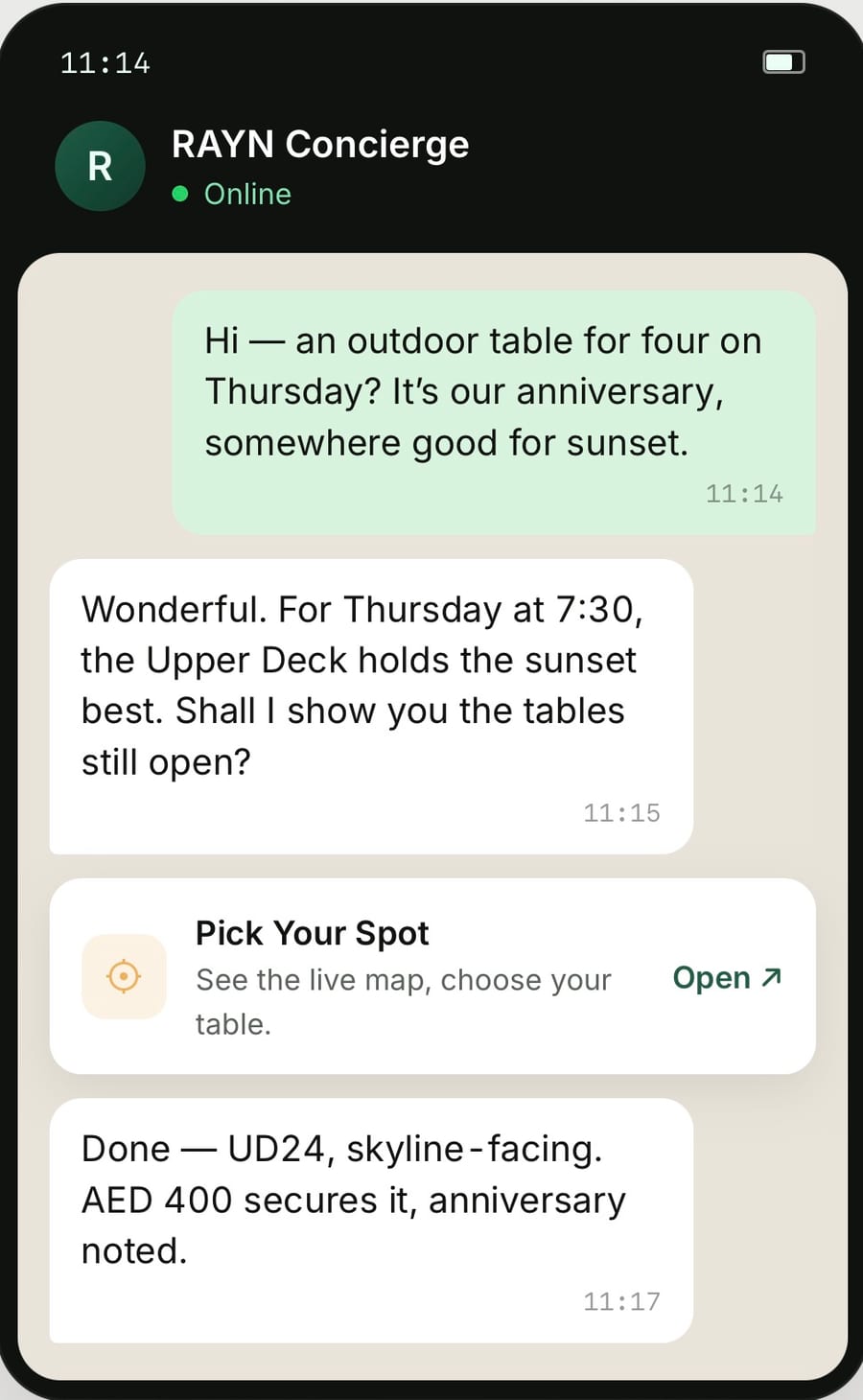 A WhatsApp thread with RAYN Concierge: a guest asks for an outdoor table for four on Thursday for their anniversary, the concierge offers the Upper Deck for sunset and a Pick Your Spot link, then confirms table UD24 with a deposit and the occasion noted.